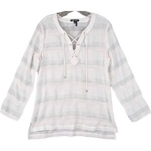 NIC+ZOE Top Womens White Stripe V-Neck Sheer Beachy Coastal Preppy Nautical Sz M